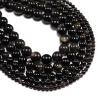 Gold- Obsidian Perle, rund, poliert, DIY, schwarz, verkauft per 15.1 ZollInch Strang