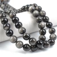 Perles obsidienne noire, Rond, poli, DIY, noire, Vendu par 38 cm brin