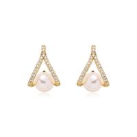 Cubic Zirconia Micro Pave Brass Earring, with pearl, micro pave cubic zirconia & for woman, golden, 14x20mm, Sold By Pair