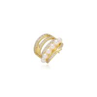 Brassard de boucle d'oreille de mode, laiton, avec perle, pour femme & avec zircone cubique, doré, 14x15mm, Vendu par PC