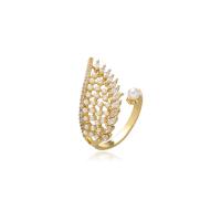 Brass Cuff Finger Ring, with pearl, for woman & with cubic zirconia, golden, 17mm, Sold By PC