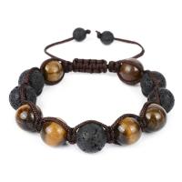Natural Tiger Eye Bracelets, with Lava, Adjustable & Unisex, brown, 12mm, Length:17-27 cm, Sold By PC