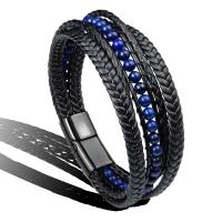 PU Leather Cord Bracelets, Stainless Steel, with Lapis Lazuli & PU Leather, fashion jewelry & Unisex, black, 215mm, Sold By PC