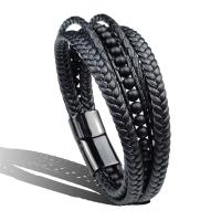 PU Leather Cord Bracelets Stainless Steel with PU Leather & Black Agate fashion jewelry & Unisex black 215mm Sold By PC
