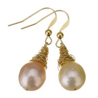 Perlas cultivadas de agua dulce Pendientes con Colgantes, con Oro-llenado, 14K lleno de oro, para mujer, beige, 38mm,12x23mm, Vendido por Par