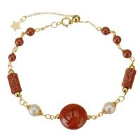 Cinnabar Bracelet, with Gold Filled, 14K gold-filled, for woman, reddish-brown, 21x12mm,12x6mm, Length:Approx 8 Inch, Sold By PC