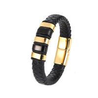 Men Bracelet Stainless Steel with PU Leather fashion jewelry & Unisex black 215mm Sold By PC