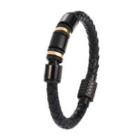 Bracelet homme, acier inoxydable, avec cuir PU, bijoux de mode & unisexe, noire, 215mm, Vendu par PC