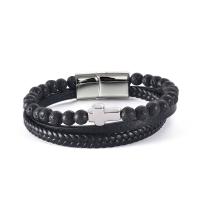 PU Leather Cord Bracelets Stainless Steel with Abrazine Stone & PU Leather fashion jewelry & Unisex black 215mm Sold By PC
