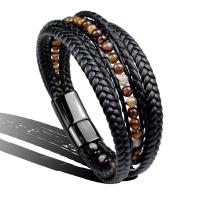 PU Leather Cord Bracelets Stainless Steel with PU Leather & Coffee Agate fashion jewelry & Unisex black 215mm Sold By PC