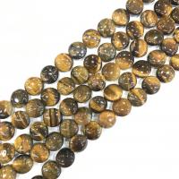 Tiger Eye Beads, Flad Rund, poleret, du kan DIY, gul, 14mm, Ca. 28pc'er/Strand, Solgt Per 38 cm Strand