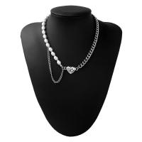 Edelstahl Schmuck Halskette, mit Perlen, plattiert, für Frau, Silberfarbe, 24mm, Länge:44 cm, verkauft von PC