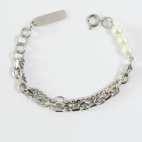 Titanium Steel Bracelet & Bangle with pearl polished for woman & with cubic zirconia silver color Length 19 cm Sold By PC