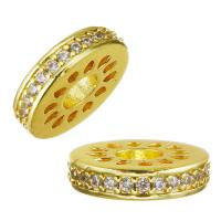 Brass Spacer Beads, Flat Round, gold color plated, micro pave cubic zirconia, 12x3x12mm, Hole:Approx 4mm, 30PCs/Lot, Sold By Lot