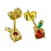 Boucles d'oreilles en laiton zircon cubique pavent, Placage de couleur d'or, pour femme, rouge, 4x7.5mm, 20pairescouple/lot, Vendu par lot