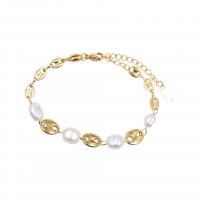 Titanium Steel Bracelet & Bangle, with Freshwater Pearl, with 1.96 lnch extender chain, gold color plated, for woman, Length:Approx 6.3 , Sold By PC