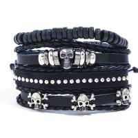 PU Leather Cord Bracelets, Tibetan Style, with PU Leather & Wax Cord, 4 pieces & handmade & Unisex, black, nickel, lead & cadmium free, 17-18cm,6cm, Sold By Set