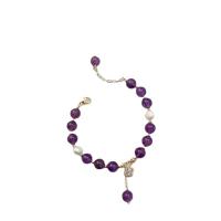 Quartz Bracelets Brass with Freshwater Pearl & Amethyst for woman & with cubic zirconia purple Length 21.5 cm Sold By PC