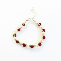 Freshwater Cultured Pearl Bracelet, Brass, with Natural Stone & Freshwater Pearl, for woman, red, Length:23 cm, Sold By PC