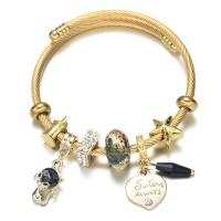 Titanium Steel European Bangle, with Tibetan Style bead & Crystal, gold color plated, Adjustable & for woman & with rhinestone, more colors for choice, Inner Diameter:Approx 65mm, Sold By PC