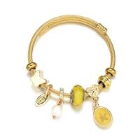 Stainless Steel European Bangle with zinc alloy bead & Crystal & Plastic Pearl gold color plated Adjustable & for woman & enamel Inner Approx 65mm Sold By PC