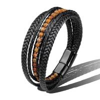PU Leather Cord Bracelets Stainless Steel with PU Leather & Antique Agate fashion jewelry & Unisex black 215mm Sold By PC