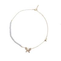 Plastic Pearl Necklace Zinc Alloy with Plastic Pearl Butterfly gold color plated ball chain & for woman & with rhinestone nickel lead & cadmium free Sold Per Approx 17 Inch Strand