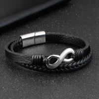 cuir PU bracelet, avec Acier titane, Double couche, noire, 210mm, Vendu par PC