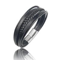 Bracelets cordon PU, cuir PU, avec acier inoxydable, Placage, multicouche & pour homme, noire, 215mm, Vendu par PC