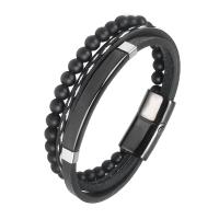 PU Leather Cord Bracelets, with Abrazine Stone & Stainless Steel, plated, three layers & dyed & for man, black, 215mm, Sold By PC