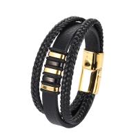 Bracelets cordon PU, cuir PU, avec acier inoxydable, Placage de couleur d'or, trois couches & teints & pour homme, noire, 215mm, Vendu par PC