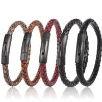PU Leather Cord Bracelets with Stainless Steel gun black plated dyed & for man 215mm Sold By PC