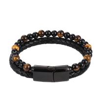 PU Leather Cord Bracelets with Lava & Tiger Eye & Stainless Steel plated Double Layer & dyed 215mm Sold By PC