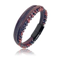 PU Leather Cord Bracelets with Tiger Eye & Stainless Steel plated multilayer & dyed & for man 215mm Sold By PC