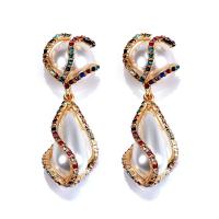Boucles d'oreilles en alliage de zinc, avec perle, Placage, pour femme & avec strass, couleurs mélangées, 20x60mm, Vendu par paire
