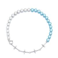 Plastic Pearl Necklace, Titanium Steel, with ABS Plastic Pearl, plated, Unisex & with rhinestone, blue, 25*14*3mm,10mm, Length:Approx 17.72 Inch, Sold By PC