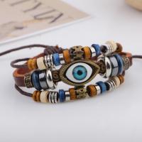 Evil Eye Jewelry Bracelet, Cowhide, with Waxed Cotton Cord & Tibetan Style, plated, adjustable & 3-strand, 28x14mm, Hole:Approx 4x7mm, Length:Approx 7-14 Inch
