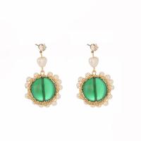 Natural Gemstone Earrings, Tibetan Style, with Gemstone & Plastic Pearl, gold color plated, for woman, green, 22x37mm, Sold By Pair