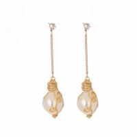 Zinc Alloy Oorbellen, met Plastic Pearl, gold plated, voor vrouw, wit, 14x60mm, Verkocht door pair