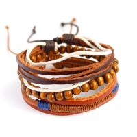 PU Leather Cord Bracelets with Wood 3 pieces & Adjustable & for woman brown Length Approx 7.48 Inch Sold By PC