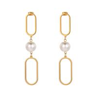 Titanium Steel Drop Earring, with Plastic Pearl, gold color plated, for woman & hollow, 14.80x72.50mm, Sold By PC