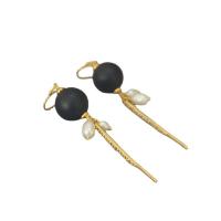 Brass Drop Earring, with Freshwater Pearl & Wood, gold color plated, micro pave cubic zirconia & for woman, 70mm, Sold By Pair