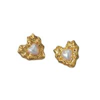 Brass Stud Earring with Plastic Pearl Heart 18K gold plated for woman Sold By Pair