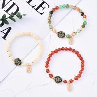 Gemstone Bracelets, Natural Stone, with Chalcedony & Agate & Brass, Round, real gold plated, folk style & different styles for choice & for woman, 4mm, 6mm, Sold Per Approx 4-6 Inch Strand