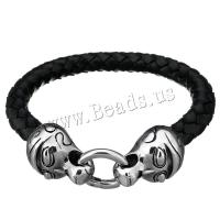 acier inoxydable bracelet, avec vachette cordon, bracelet tressé & pour homme & noircir, 25x17mm, 8mm, Longueur Environ 8.5 pouce, Vendu par PC