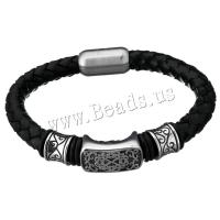 acier inoxydable bracelet, avec vachette cordon, bracelet tressé & pour homme & noircir, 22x11.5mm, 21x12mm, 8.5mm, Longueur Environ 8.5 pouce, Vendu par PC