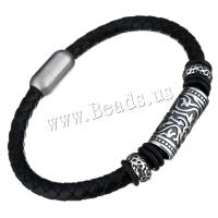 acier inoxydable bracelet, avec vachette cordon, bracelet tressé & pour homme & noircir, 24x9mm, 19x10mm, 6mm, Longueur:Environ 9 pouce, Vendu par PC