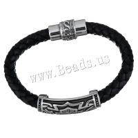 acier inoxydable bracelet, avec vachette cordon, bracelet tressé & avec le motif de lettre & pour homme & noircir, 40x14mm, 25x14mm, 8.5mm, Longueur Environ 9 pouce, Vendu par PC
