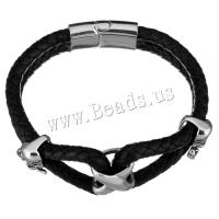 Stainless Steel Bracelet, with cowhide cord, braided bracelet & for man & 2-strand & blacken, 16.5x15.5mm, 29x14mm, 5.5mm, Length:Approx 9 Inch, Sold By PC