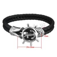 acier inoxydable bracelet, avec vachette cordon, ancre, bracelet tressé & pour homme & noircir, 28x28mm, 10mm, Longueur:Environ 8 pouce, Vendu par PC